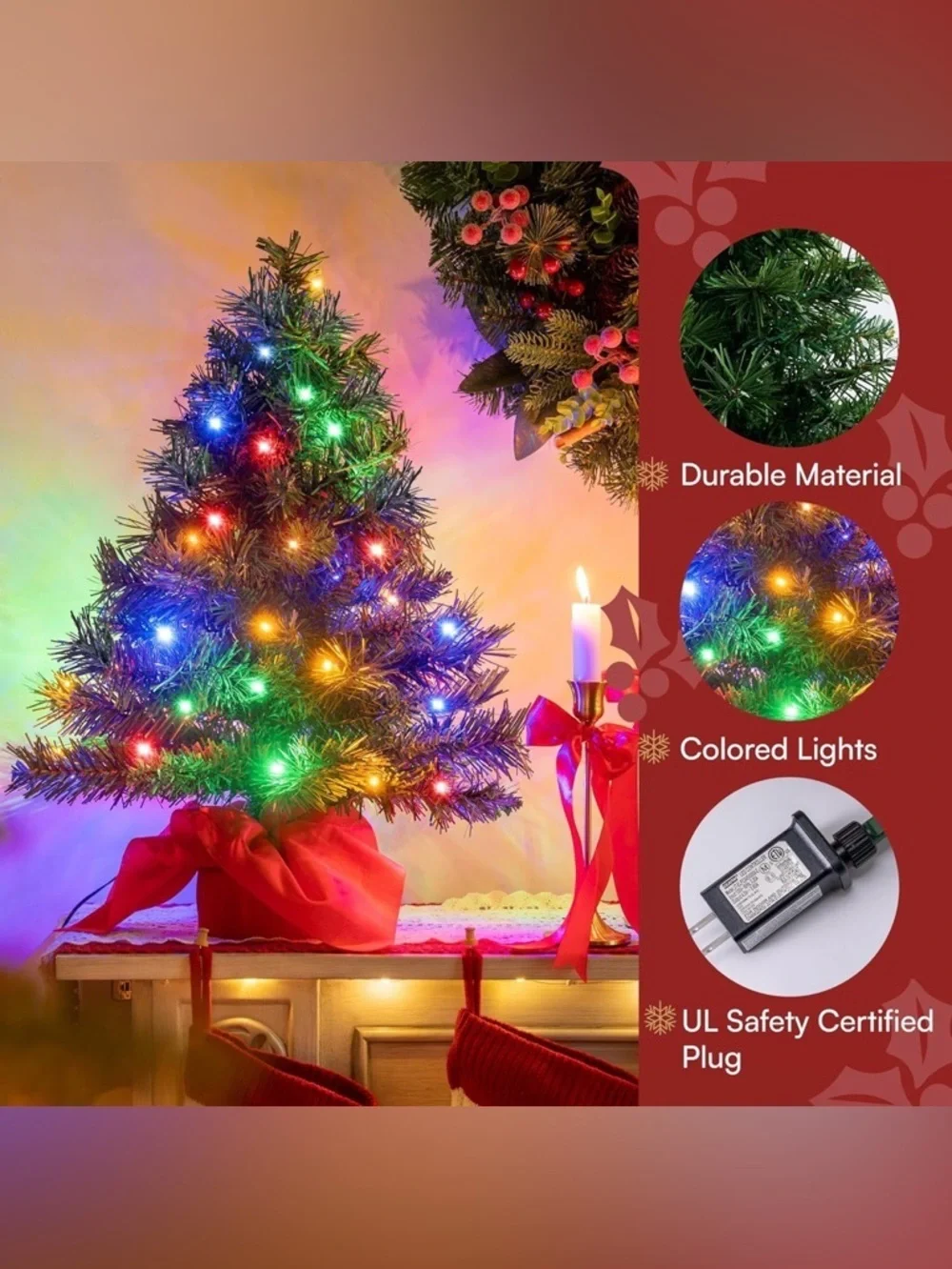 Green Mini Holiday Tree with Multicolor Lights and Red Fabric Base